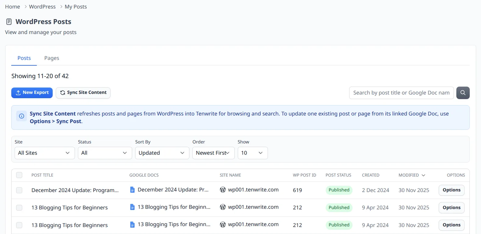 WordPress My Posts page showing all posts and pages across connected sites
