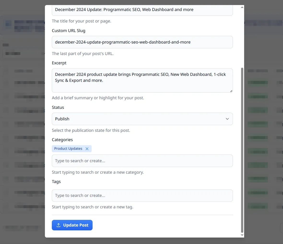 Quick Edit panel showing inline editable fields — part 2