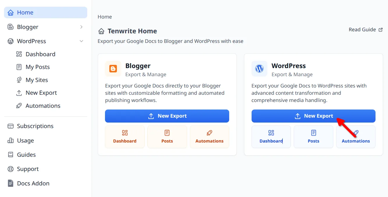 Tenwrite home view with the WordPress card and New Export action highlighted