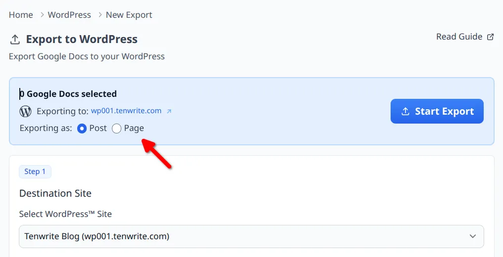 Export header showing Exporting as options with Post and Page radio controls