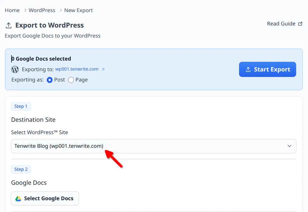 Step 1 destination dropdown with the connected WordPress site selected