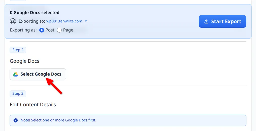 Step 2 panel with the Select Google Docs button before files are added
