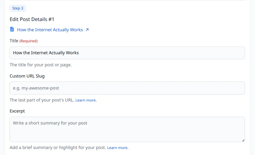 Step 3 post details showing title, slug, and excerpt fields