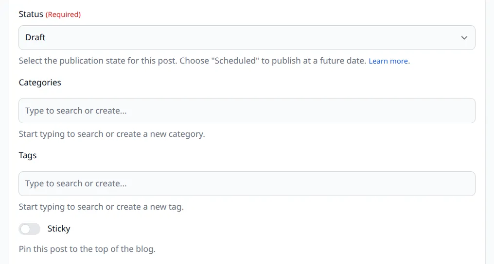 Step 3 post details showing status, categories, tags, and sticky