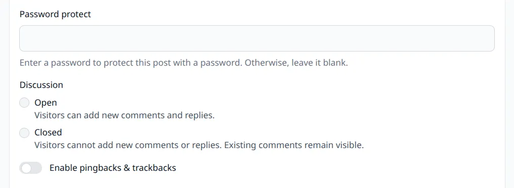 Step 3 discussion settings showing password, comments, and pingbacks
