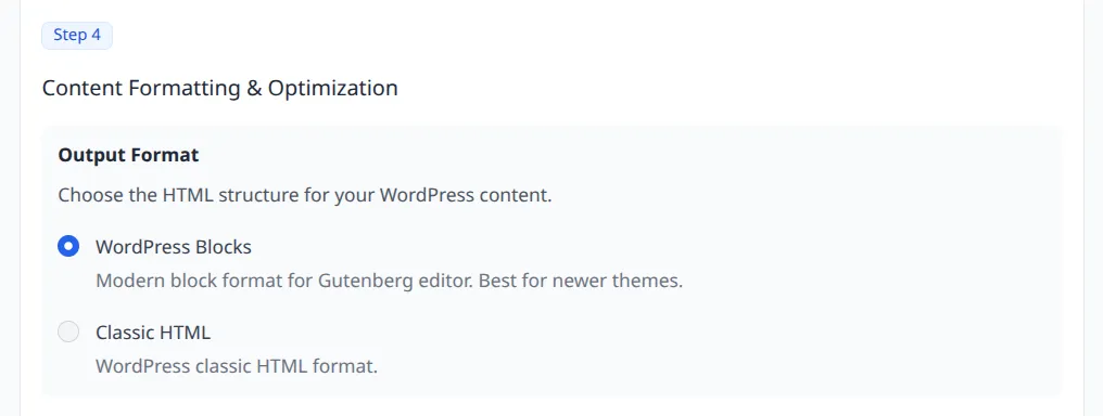 Step 4 section with Output Format under Content Formatting and Optimization