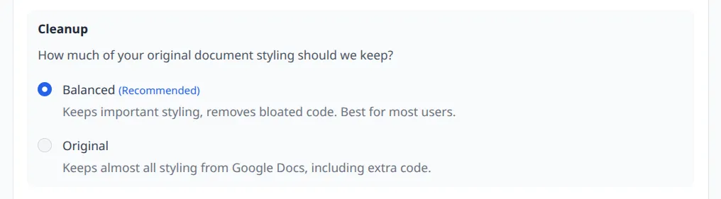 Cleanup options showing Balanced and Original choices