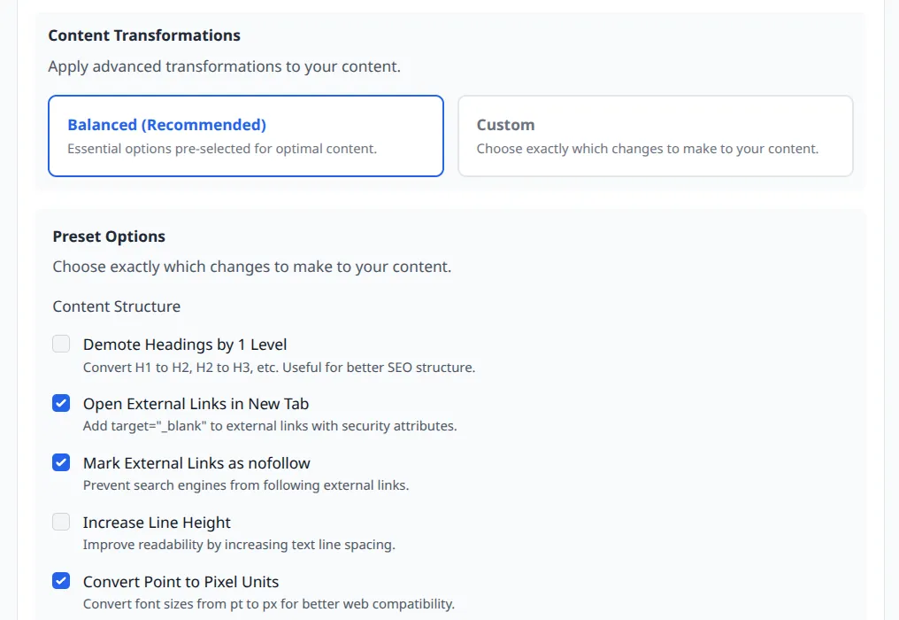 Content Transformations cards with Balanced selected and Preset Options below