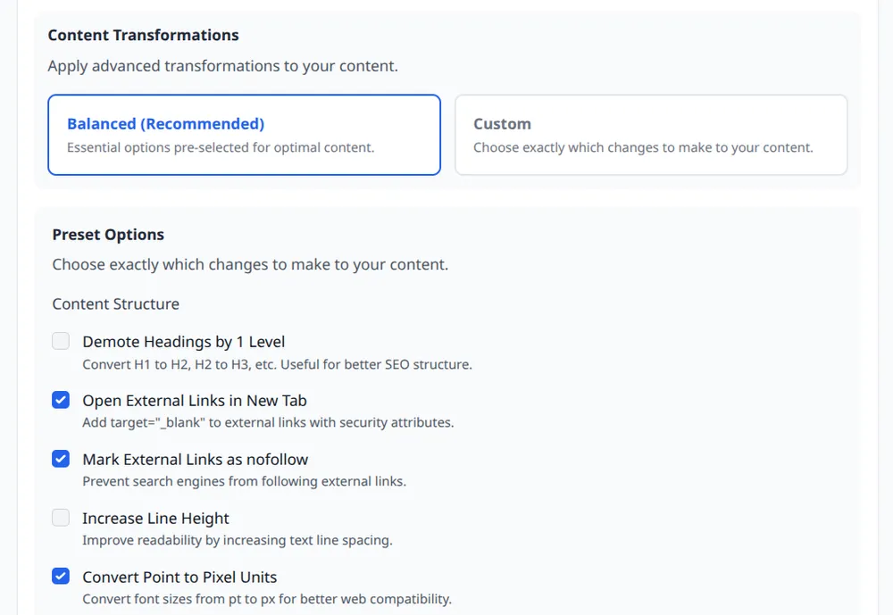 Tenwrite content transformation settings with a balanced recommended profile and individual formatting options such as opening external links in a new tab and converting point units to pixels