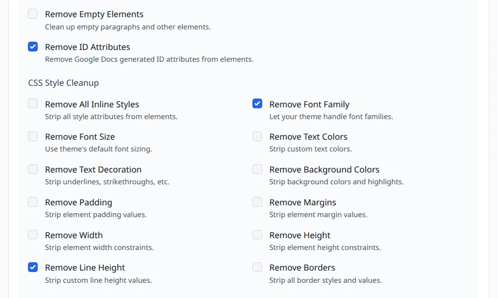 Preset Options list showing content structure and CSS cleanup controls