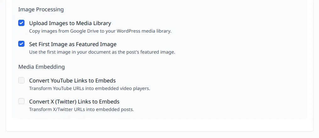 Preset Options showing media processing and media embedding controls