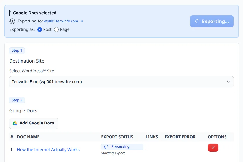 Export in progress with Processing status shown in the export table