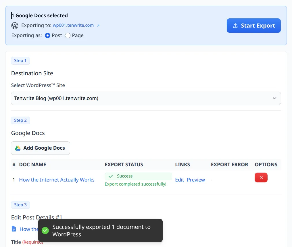 Successful export state with toast confirmation and Success row status