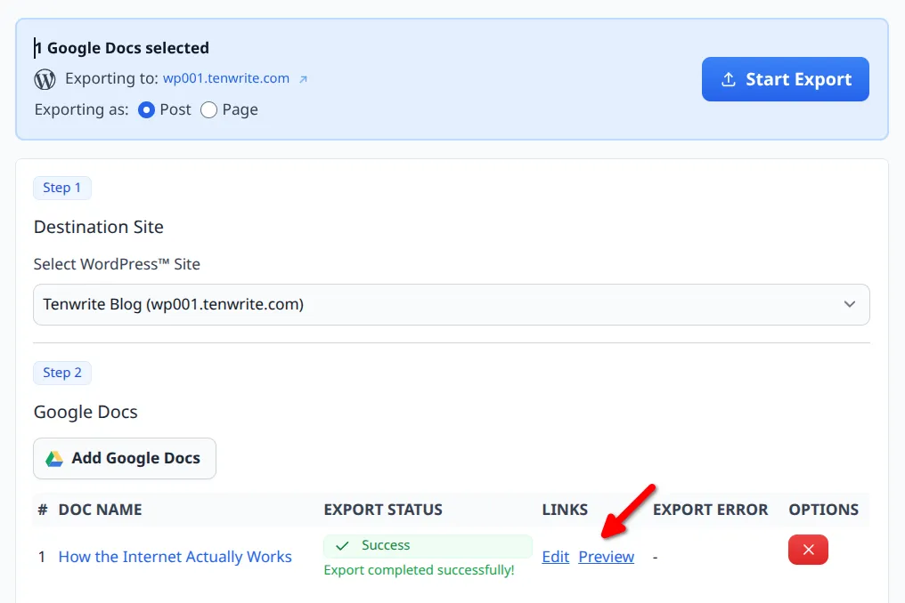 Export result row showing Edit and Preview links for the created WordPress item
