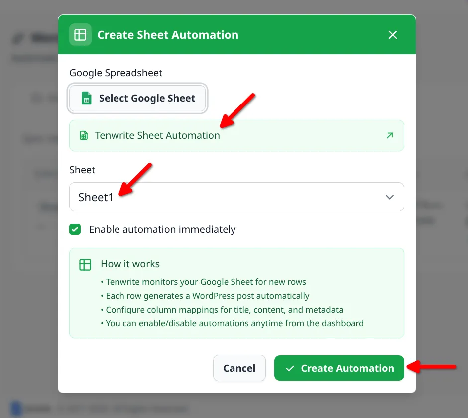 Completed Create Sheet Automation form before submitting