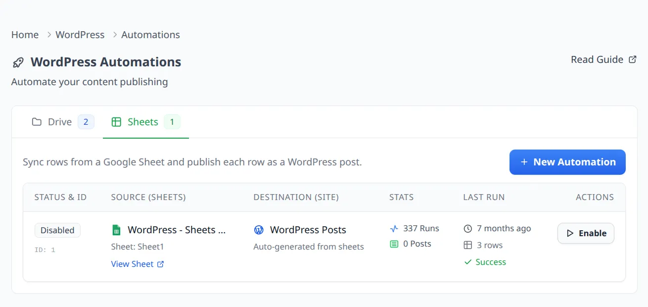 Sheet automations list showing automation rows with status and run statistics