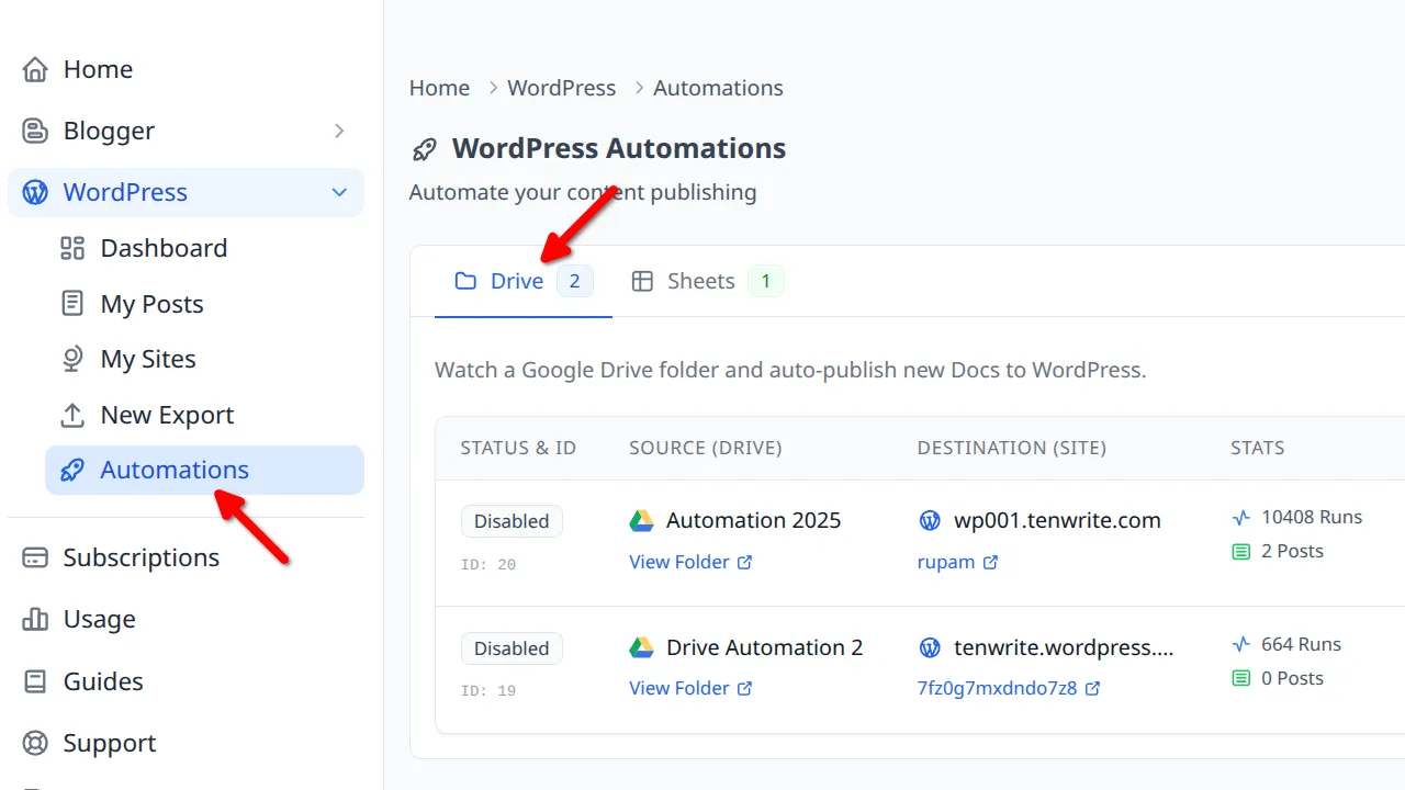 WordPress Automations sidebar link highlighted with Drive tab active