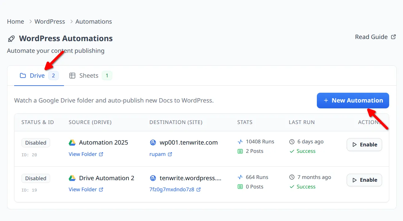 Drive tab header with New Automation button