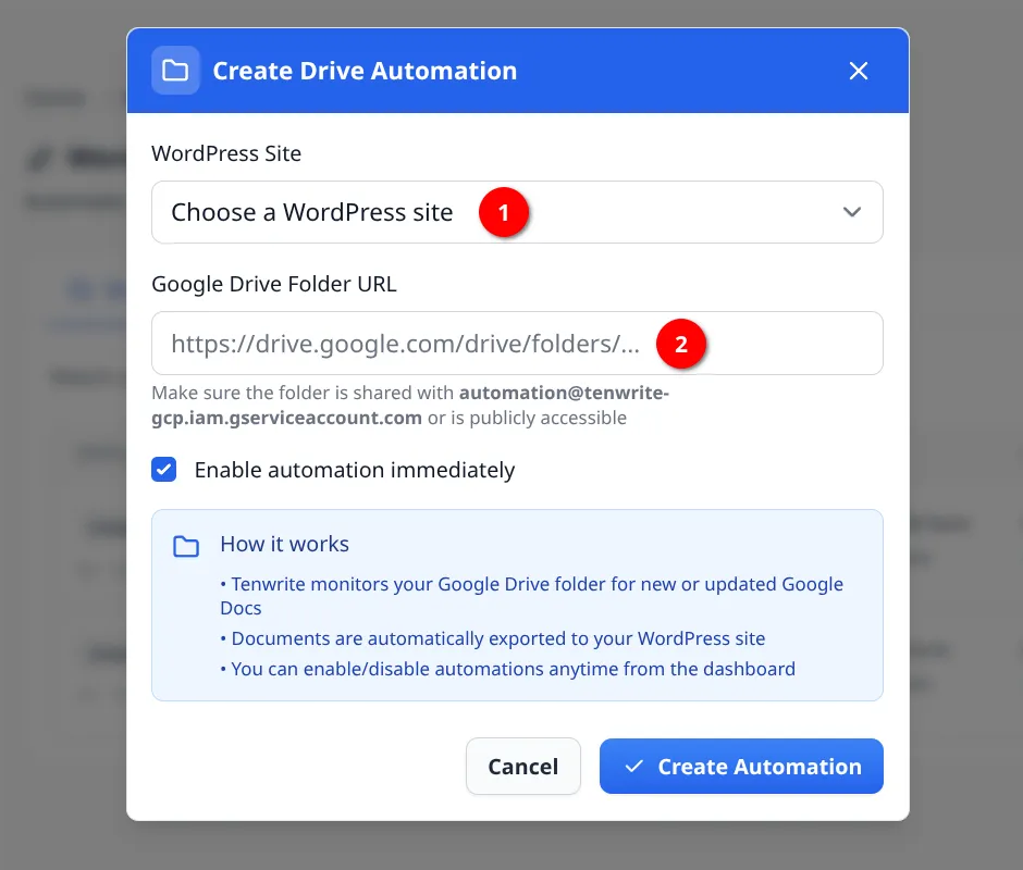 Create Drive Automation modal