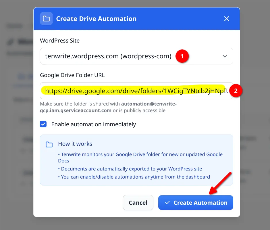 Completed Create Drive Automation form before submitting