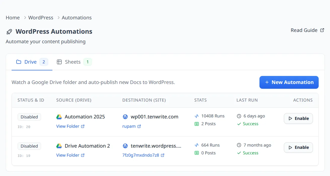 Drive automations list showing automation rows with status and run statistics
