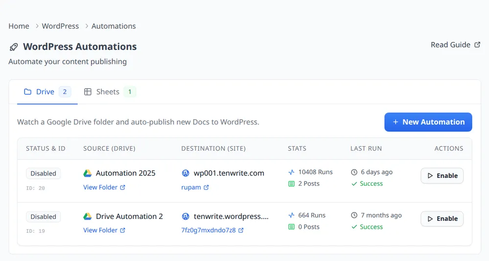Tenwrite WordPress automations screen listing Drive automations with their watched folder, destination site, run counts, and last run status