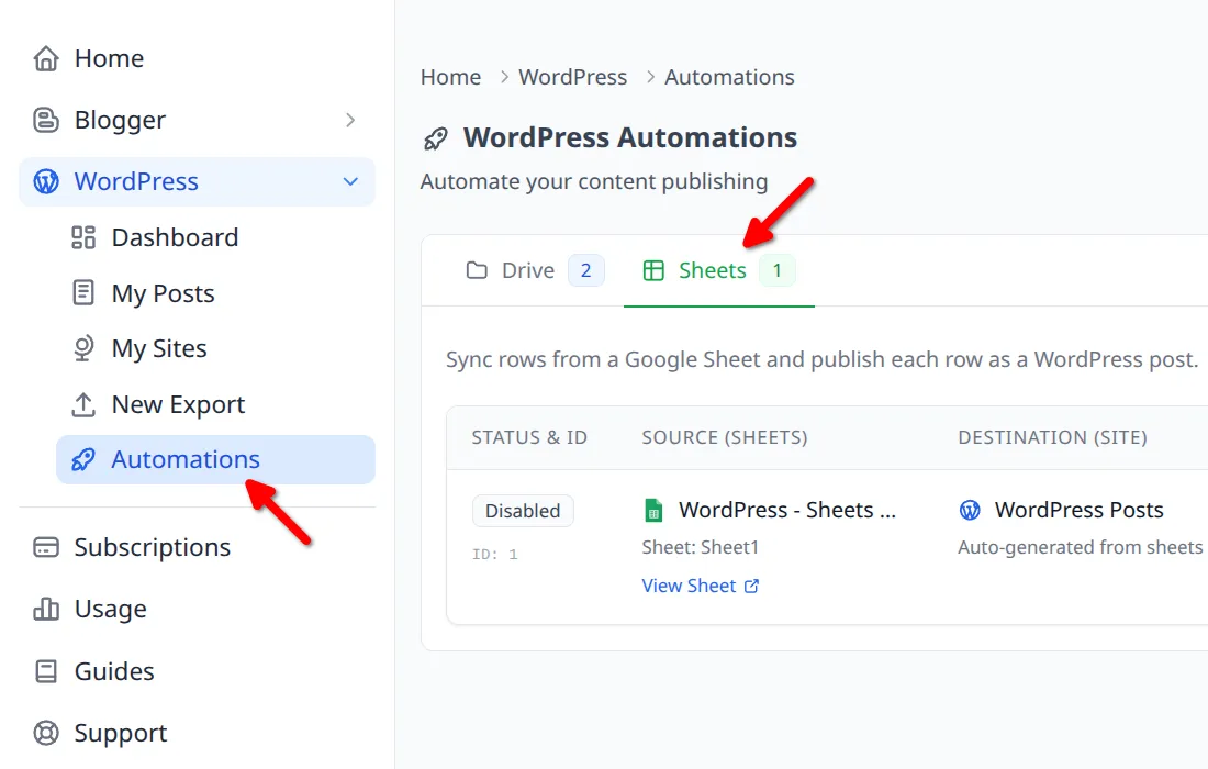 WordPress Automations sidebar link highlighted with Sheets tab active