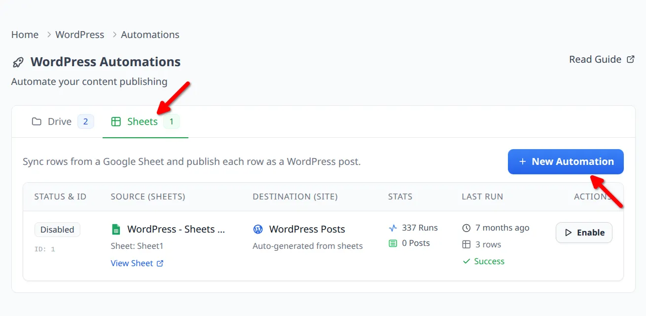 Sheet Automation tab with New Automation button