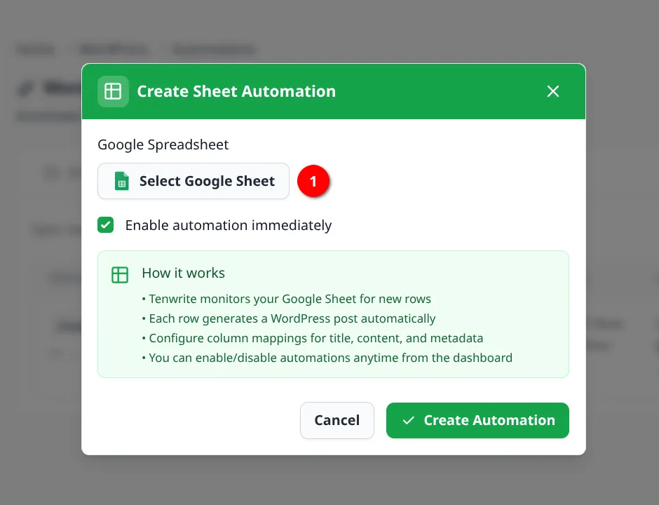 Create Sheet Automation modal