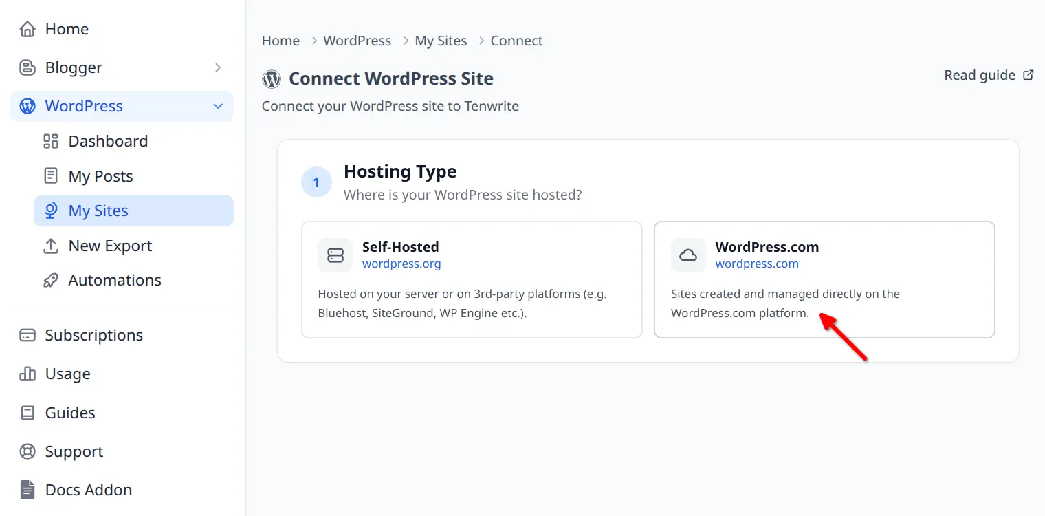 Hosting type selector with WordPress.com option highlighted