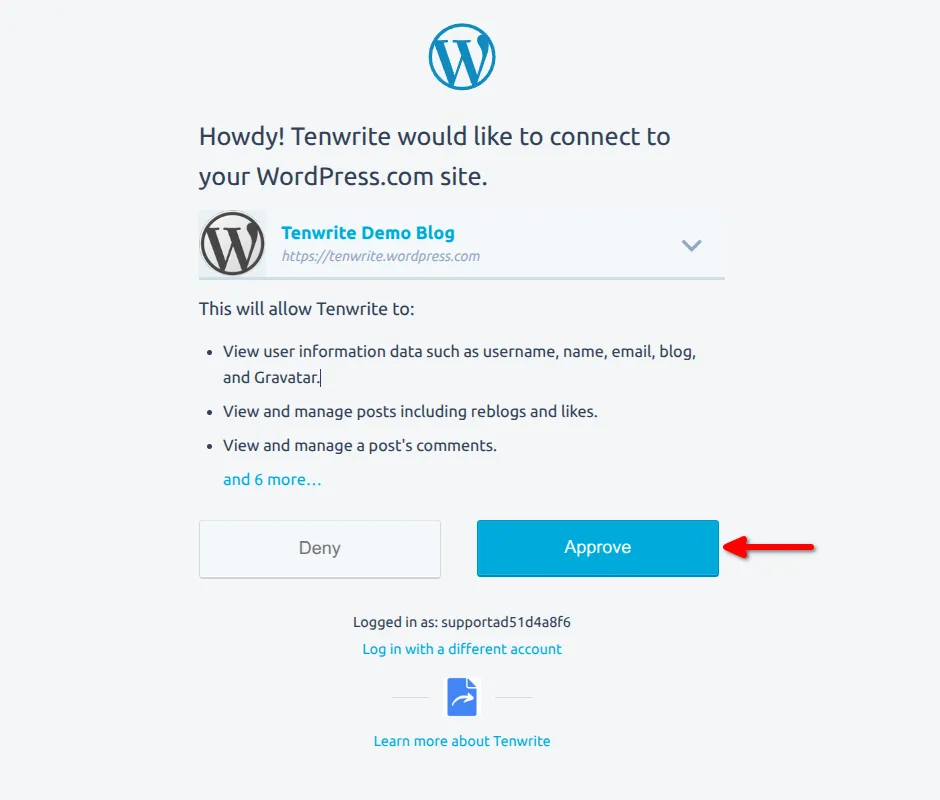 WordPress.com authorization page asking to approve Tenwrite access
