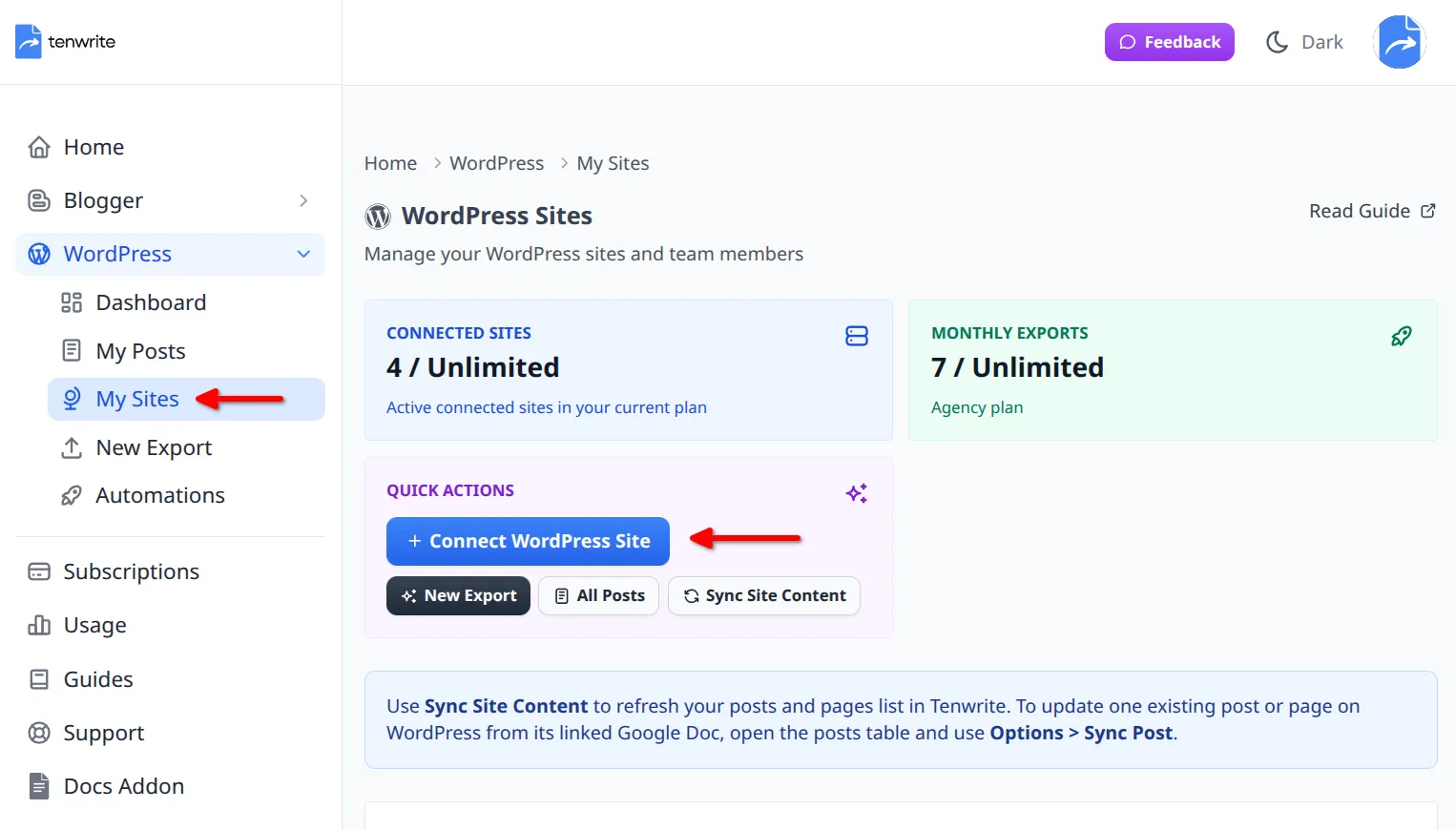 My Sites Quick Actions card with the Connect WordPress Site button highlighted