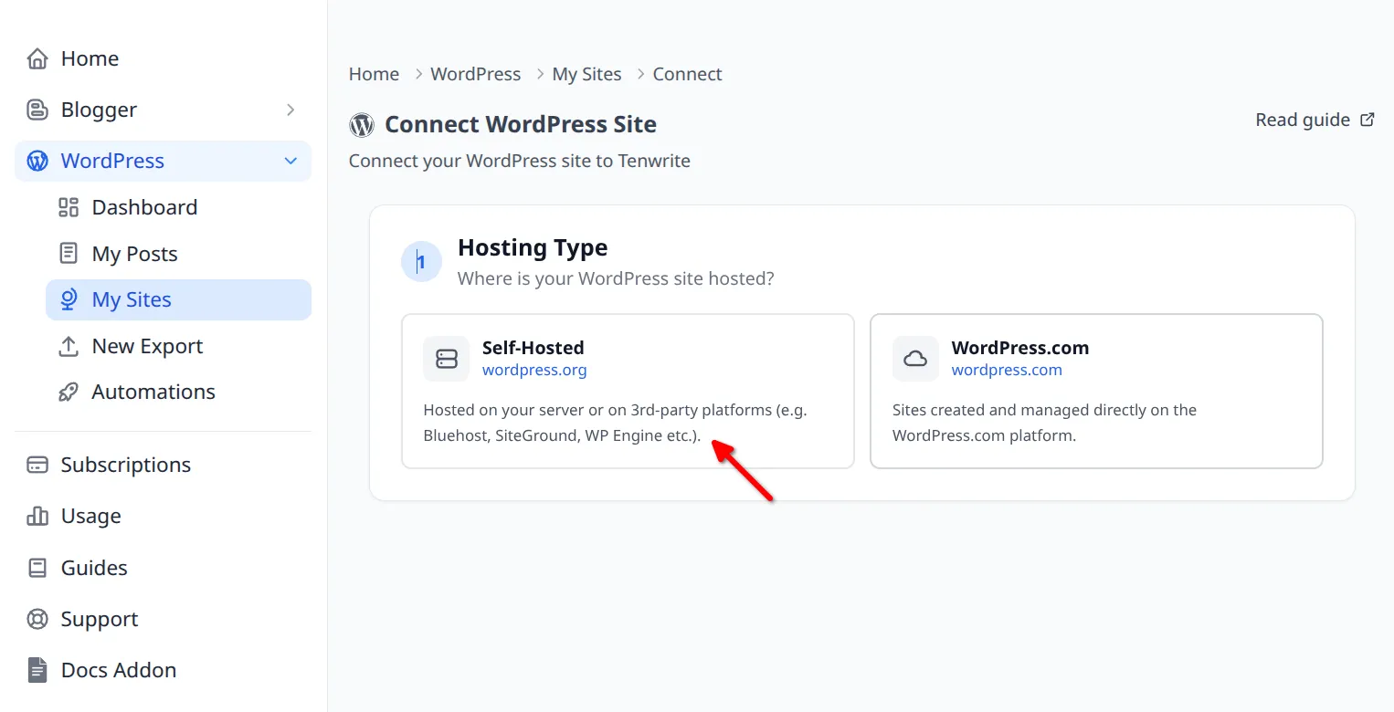 Hosting type selector with Self-Hosted WordPress option highlighted