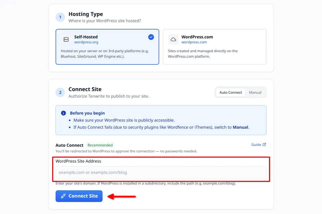 Auto Connect form with site address field