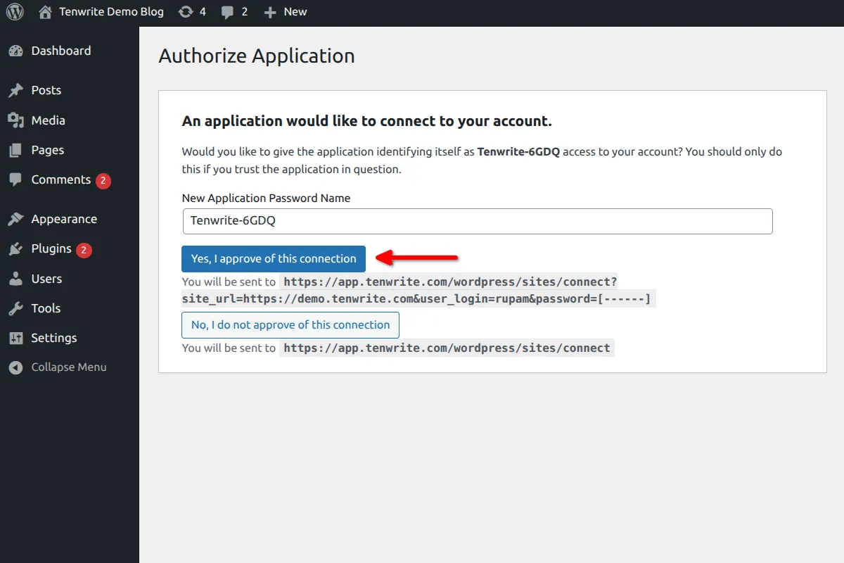WordPress Admin Authorize Application screen