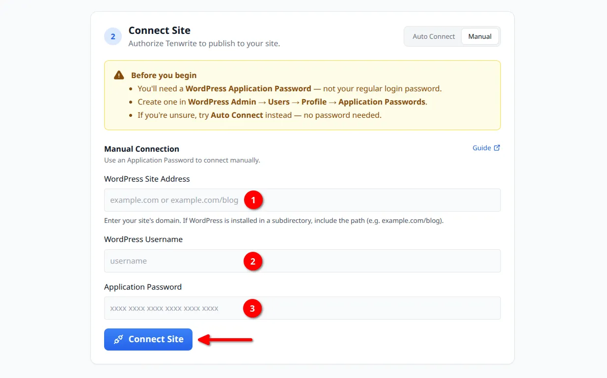 Manual Connect form with site address, username, and application password fields