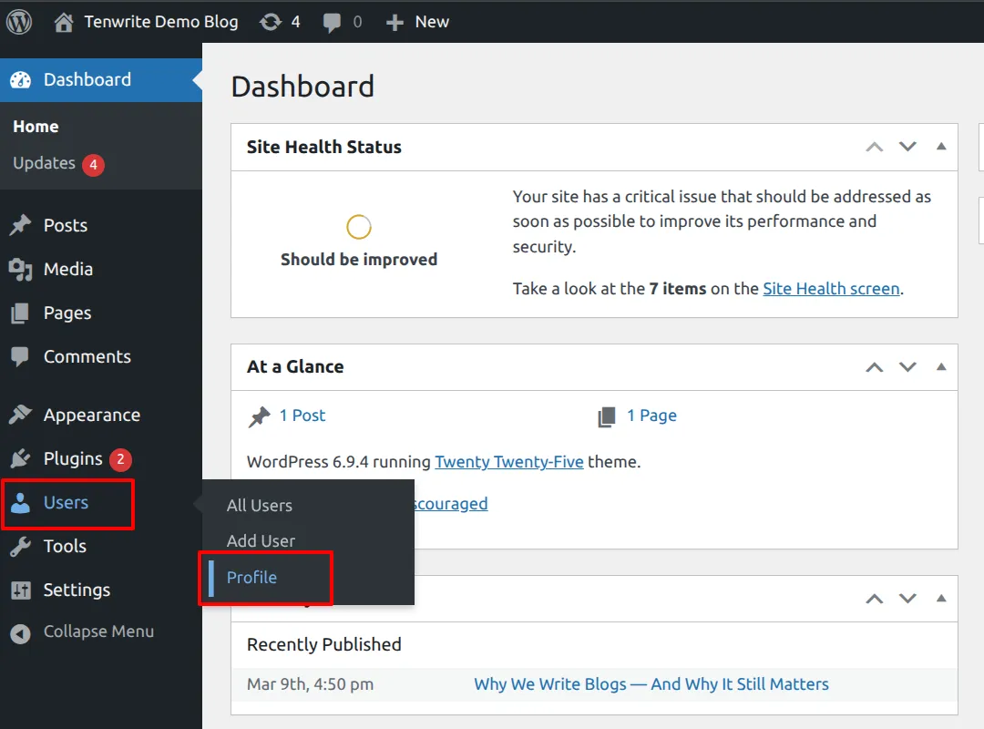 WordPress Admin sidebar with Users > Profile highlighted