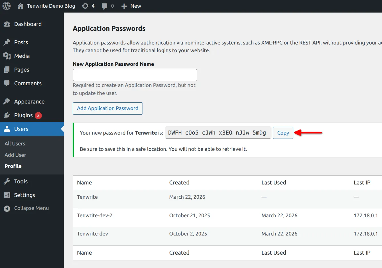 Generated application password with the Copy button highlighted