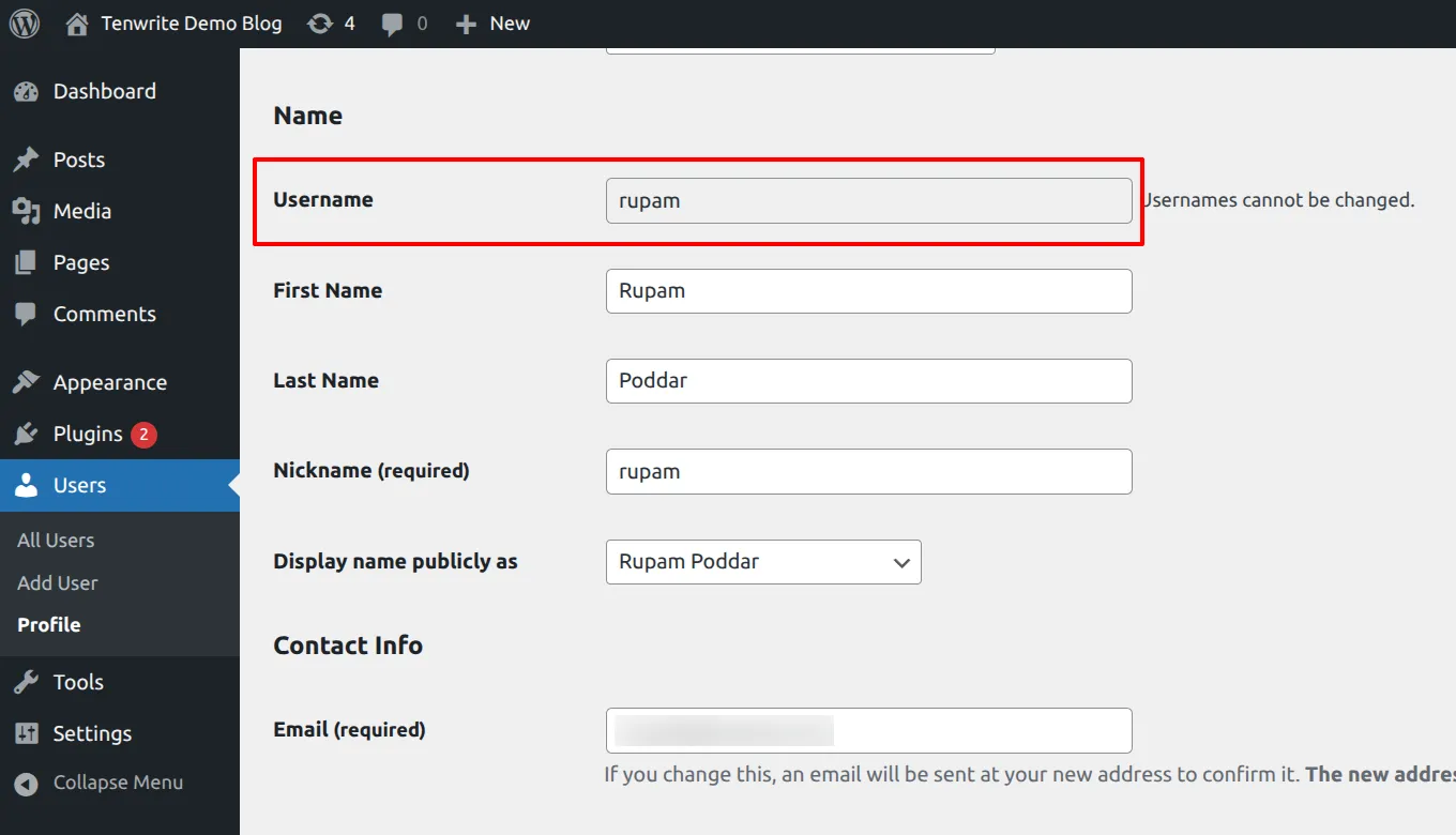 WordPress profile Name section showing the Username field