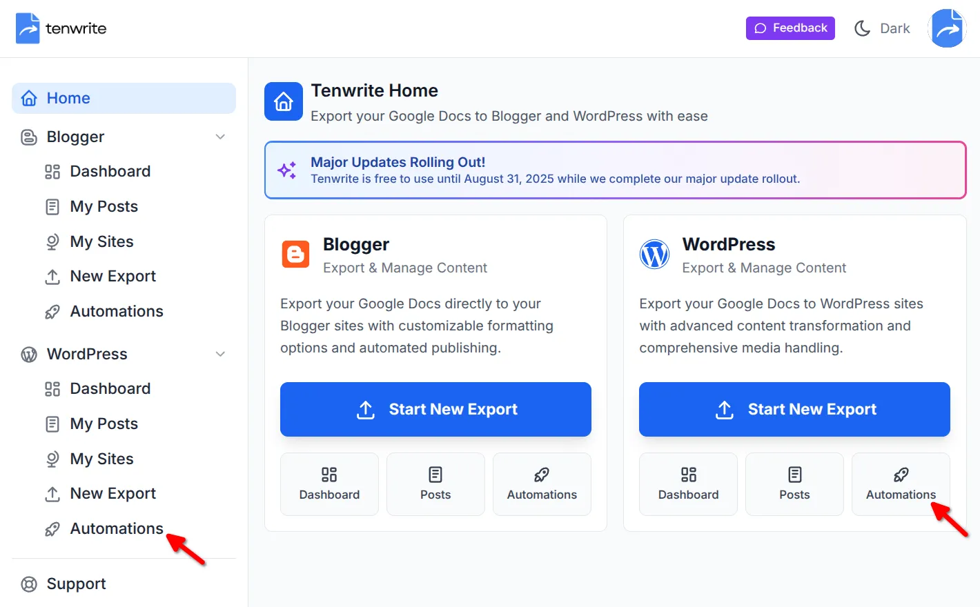 Tenwrite app showing the WordPress Automations tab
