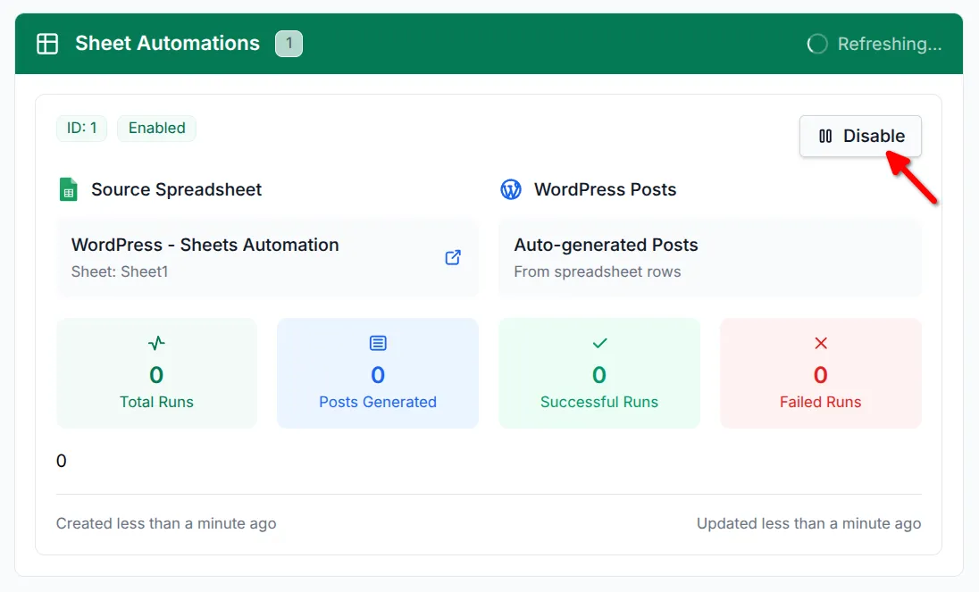 Screenshot highlighting the Disable button