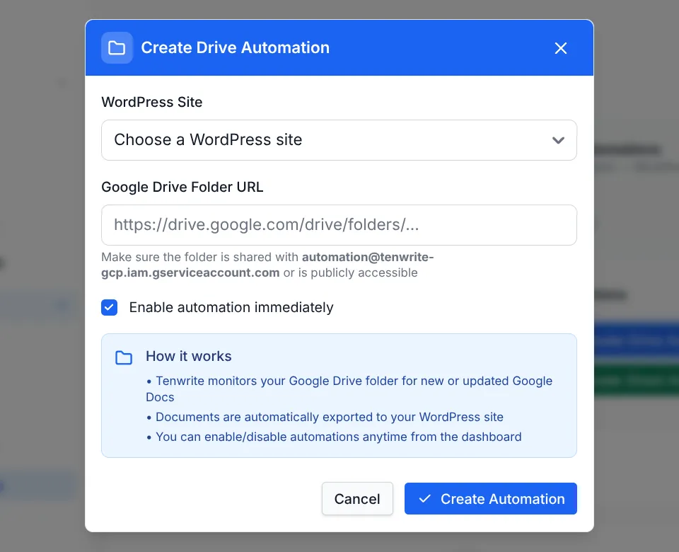 WordPress Drive Automation setup form