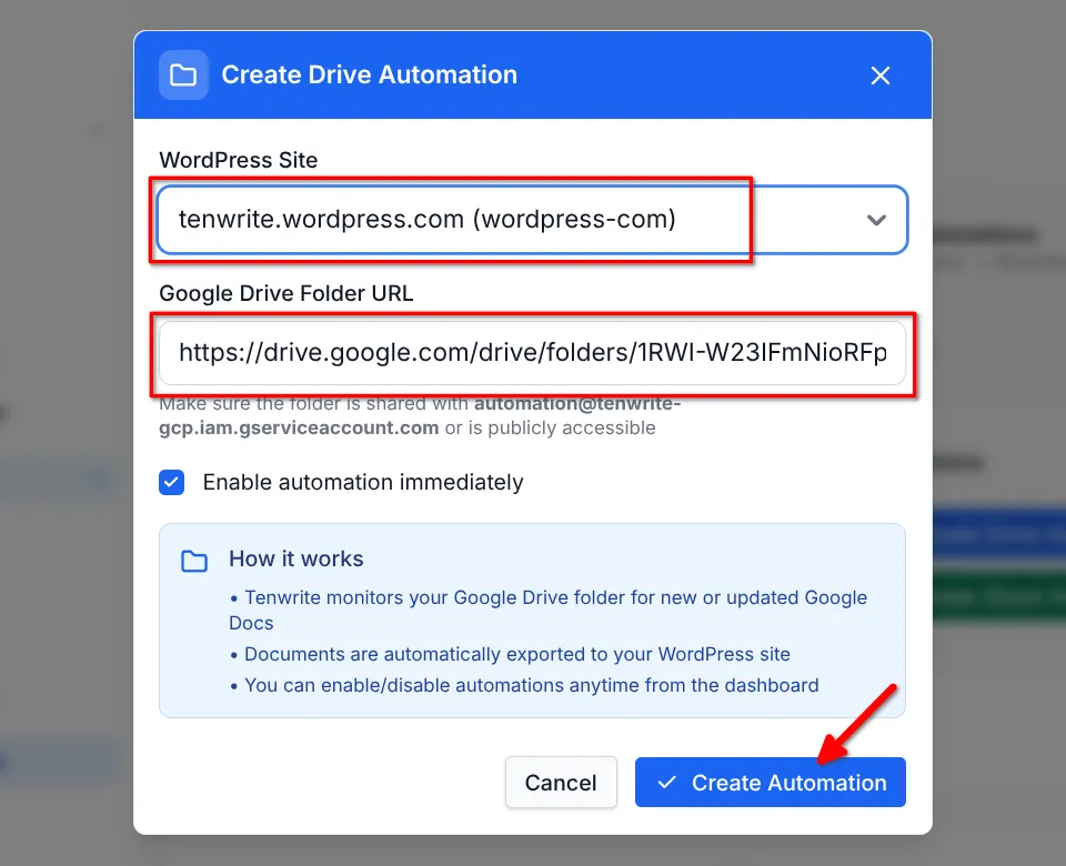 Completed WordPress Drive Automation setup form