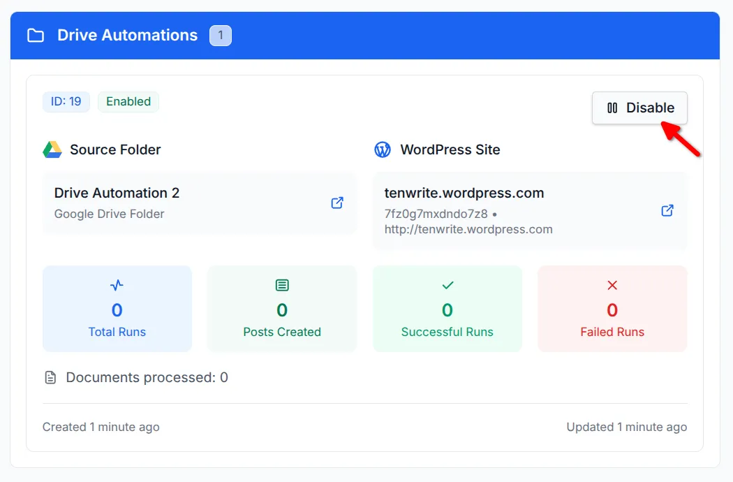 WordPress automation list with disable button highlighted