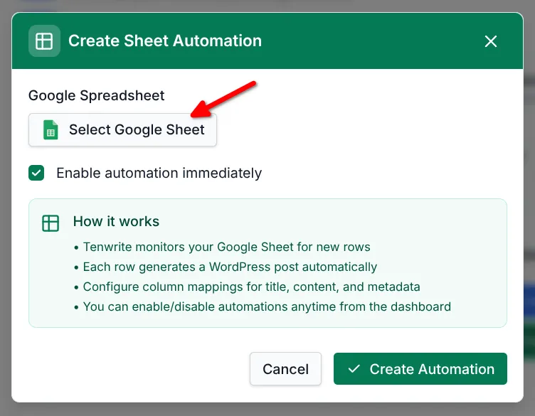 WordPress Sheet Automation setup form