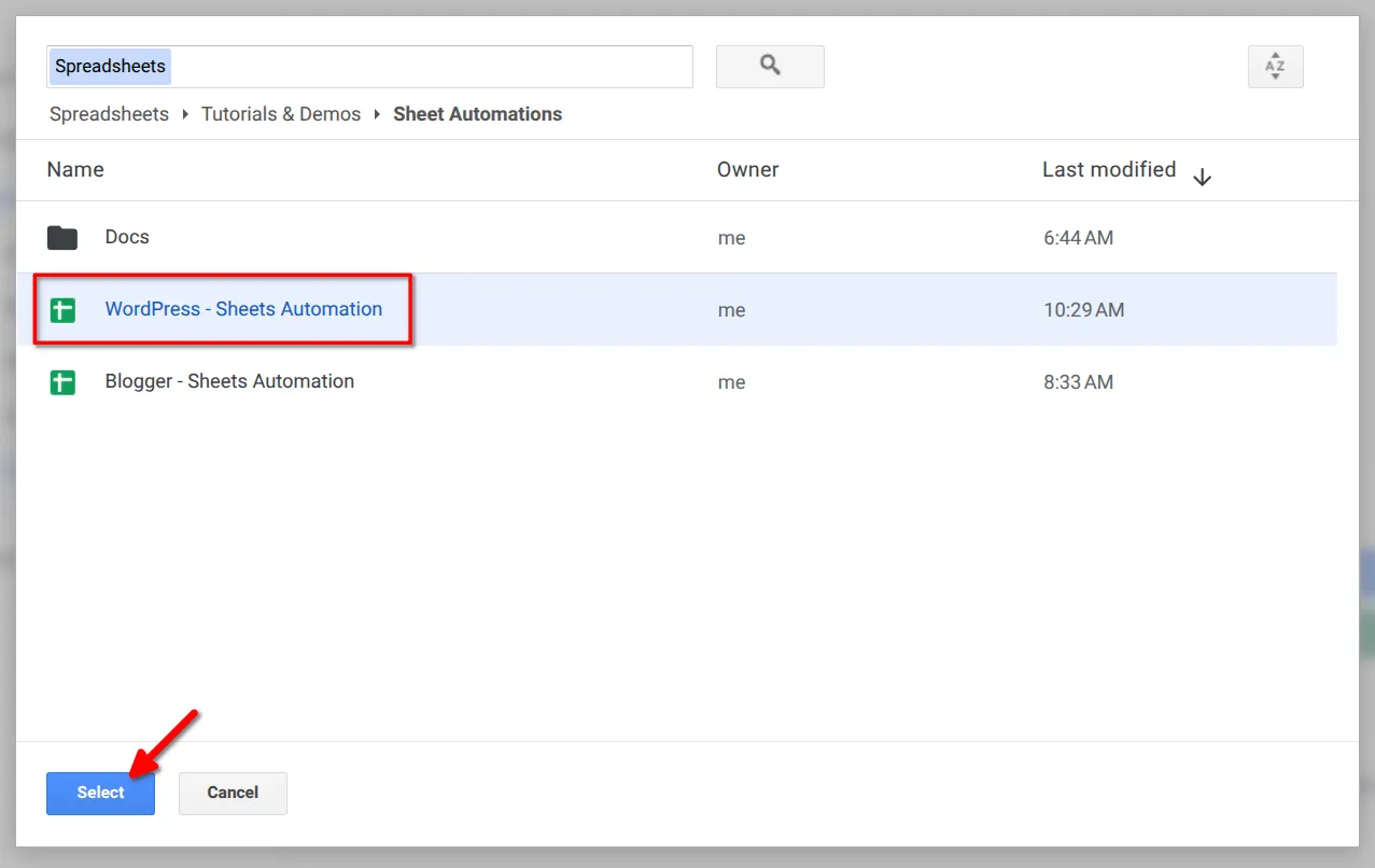 Google Sheet selection using Google Picker
