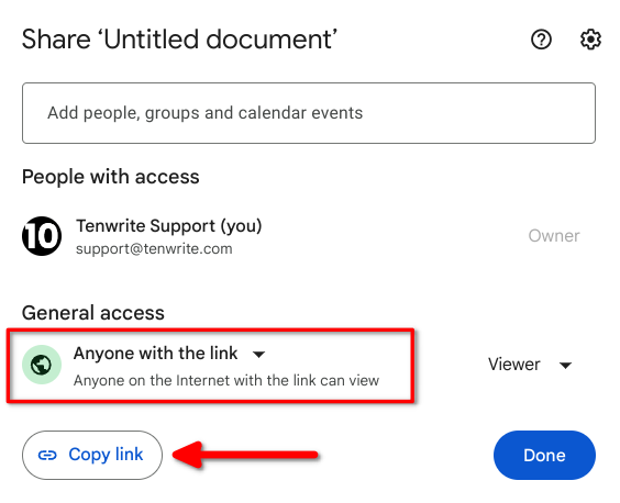 screenshot showing the process of changing google docs access level to anyone with the link.