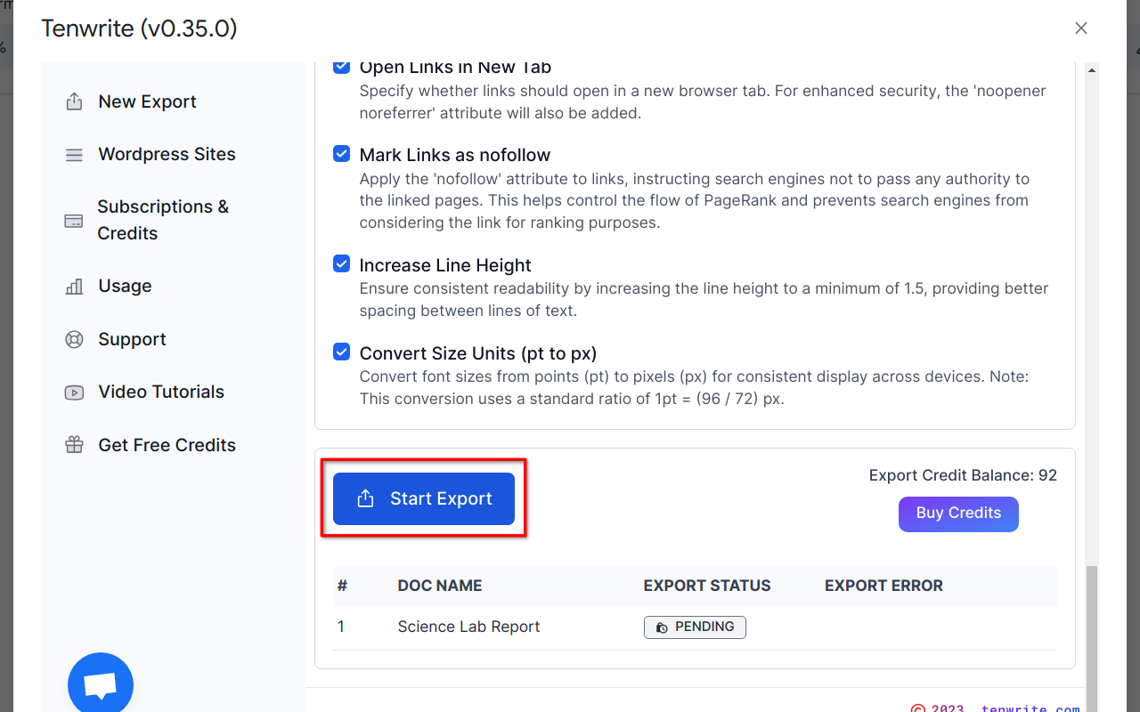 Screenshot showing the process of initiating the content transfer process by clicking 'Start Export' button.