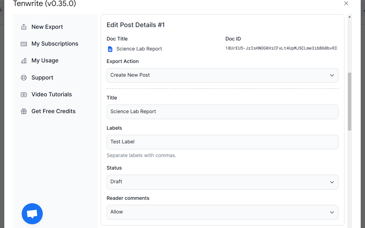 Screenshot showing the process of customizing post title, labels, status, reader comments for the Blogger post.