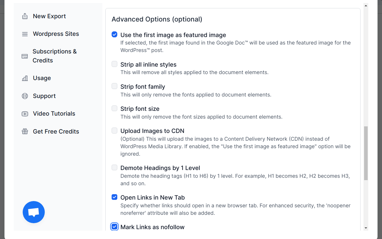 Screenshot showing the process of reviewing and enabling advanced options for the export process.